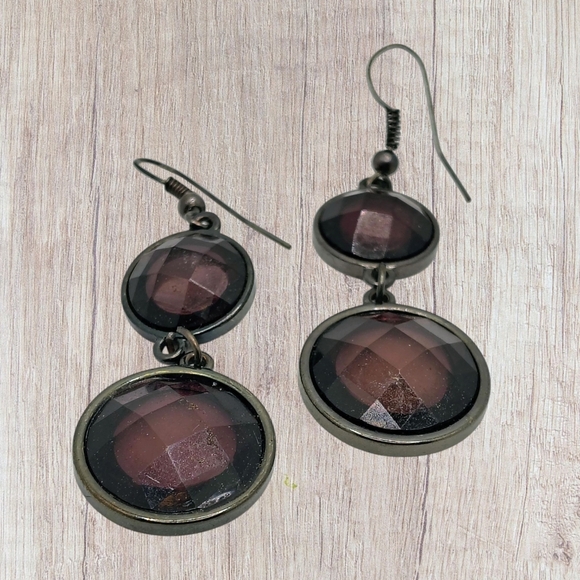 Vintage Elegant Double Drop Black and Silver Trim Clear Dark Dangle Earrings - Picture 2 of 5